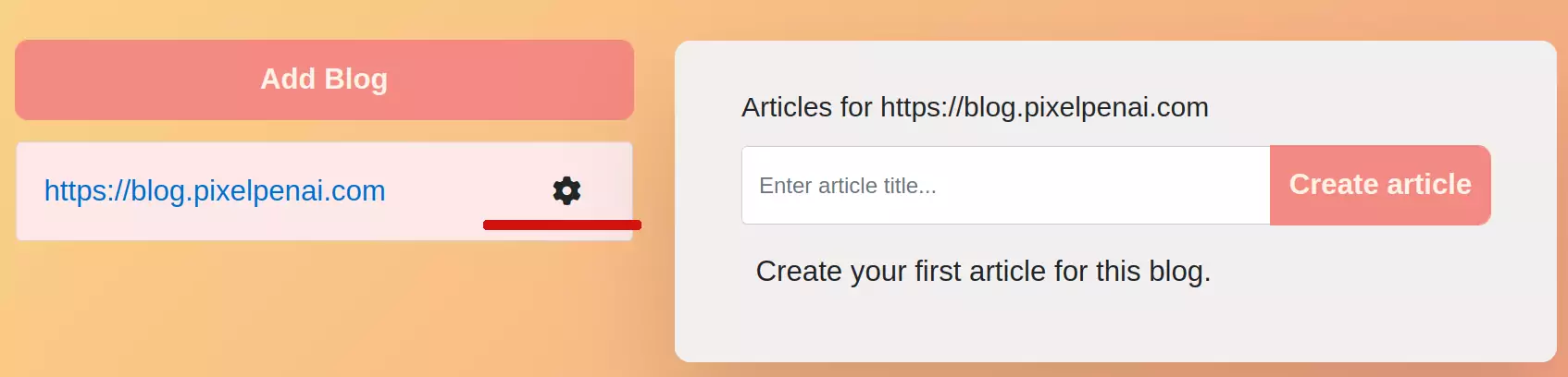 blog settings button on dashboard pixelpenai